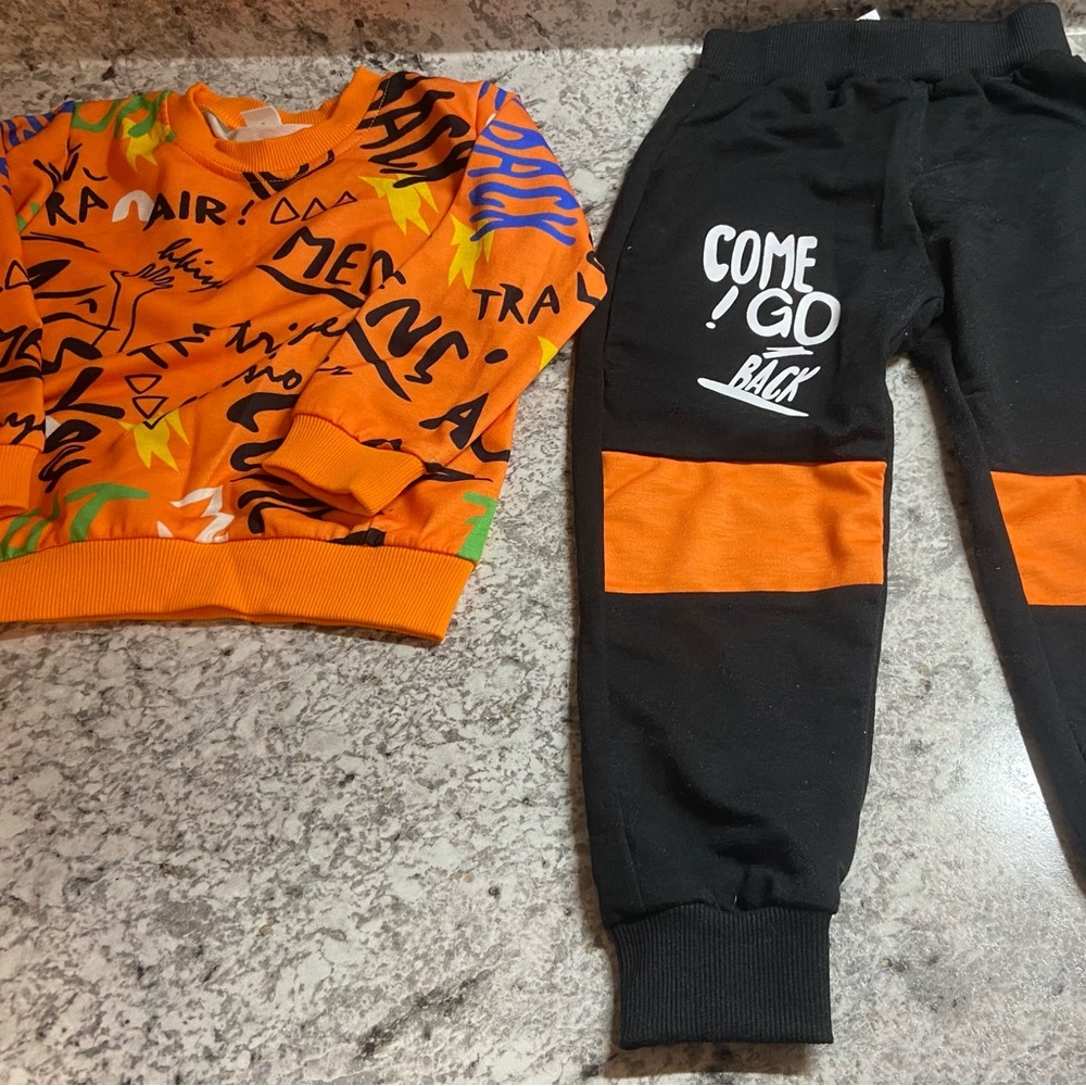Trendy Kids Graphic Sweatshirt and Joggers Set - Orange and Black